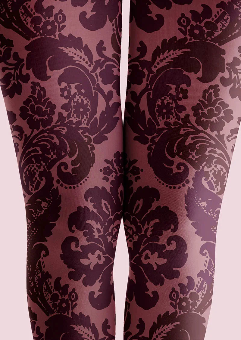 Women Baroque Bloom Plum Velvet Print Tights Hosiery Pantyhose