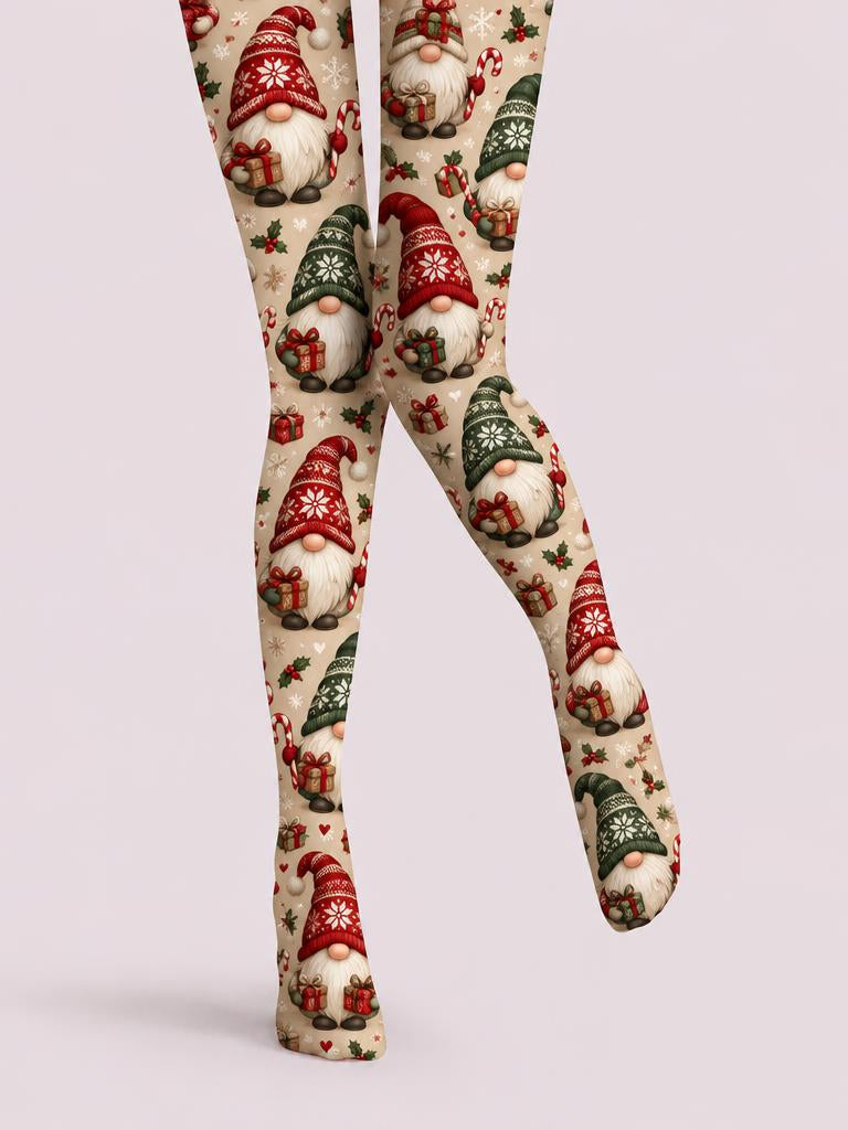Christmas Women Cute Winter Gnome Printed Tights Pantyhose