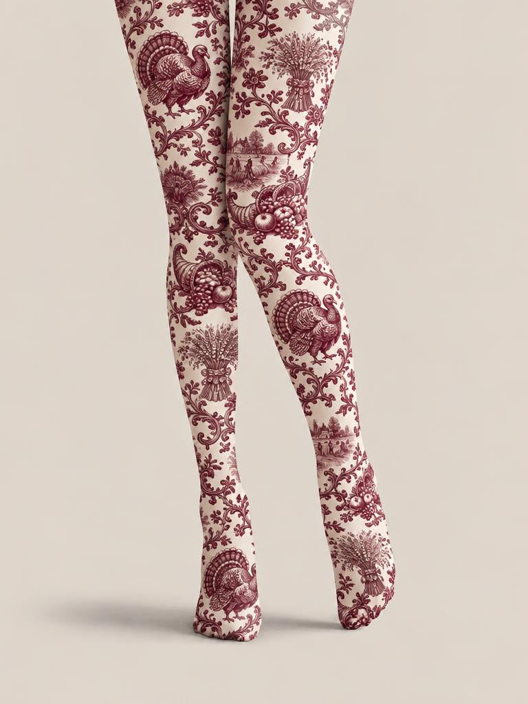 Thanksgiving Women Burgundy Floral Vintage Footless Pantyhose
