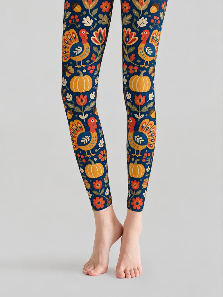 Thanksgiving Women Navy Blue Pumpkin Floral Tights Pantyhose