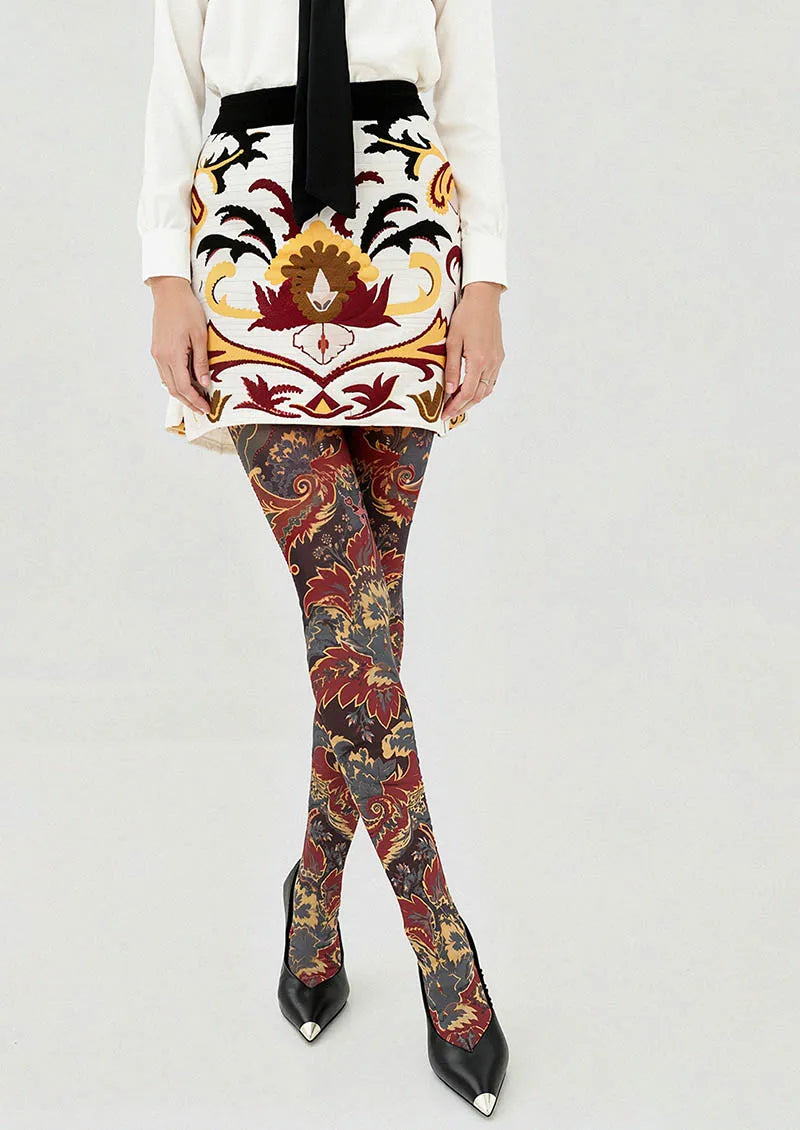 Women Baroque Bloom Golden Age Printed Tights Hosiery Pantyhose