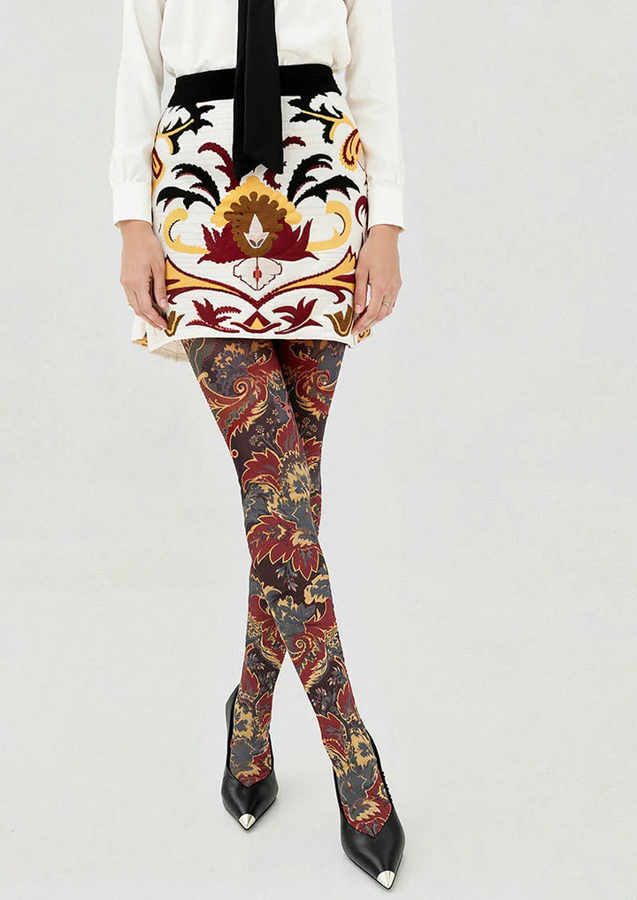 Women Baroque Bloom Golden Age Printed Tights Hosiery Pantyhose