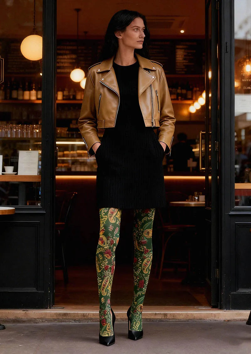 Women Mint Vintage Paisley Printed Tights Hosiery Pantyhose