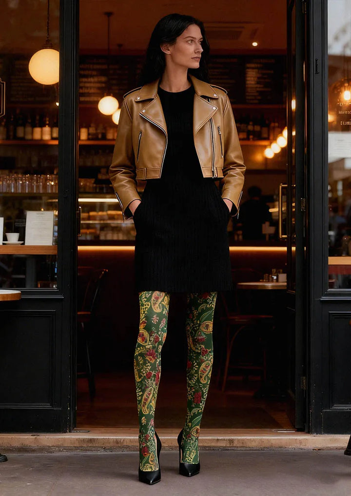 Women Mint Vintage Paisley Printed Tights Hosiery Pantyhose