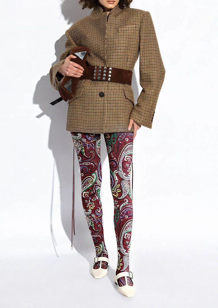 Women Classic Burgundy Paisley Printed Tights Hosiery Pantyhose