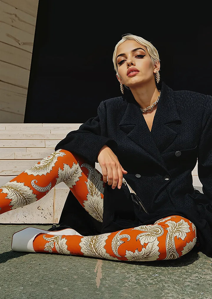 Women Baroque Flame Pattern Print Tights Hosiery Pantyhose