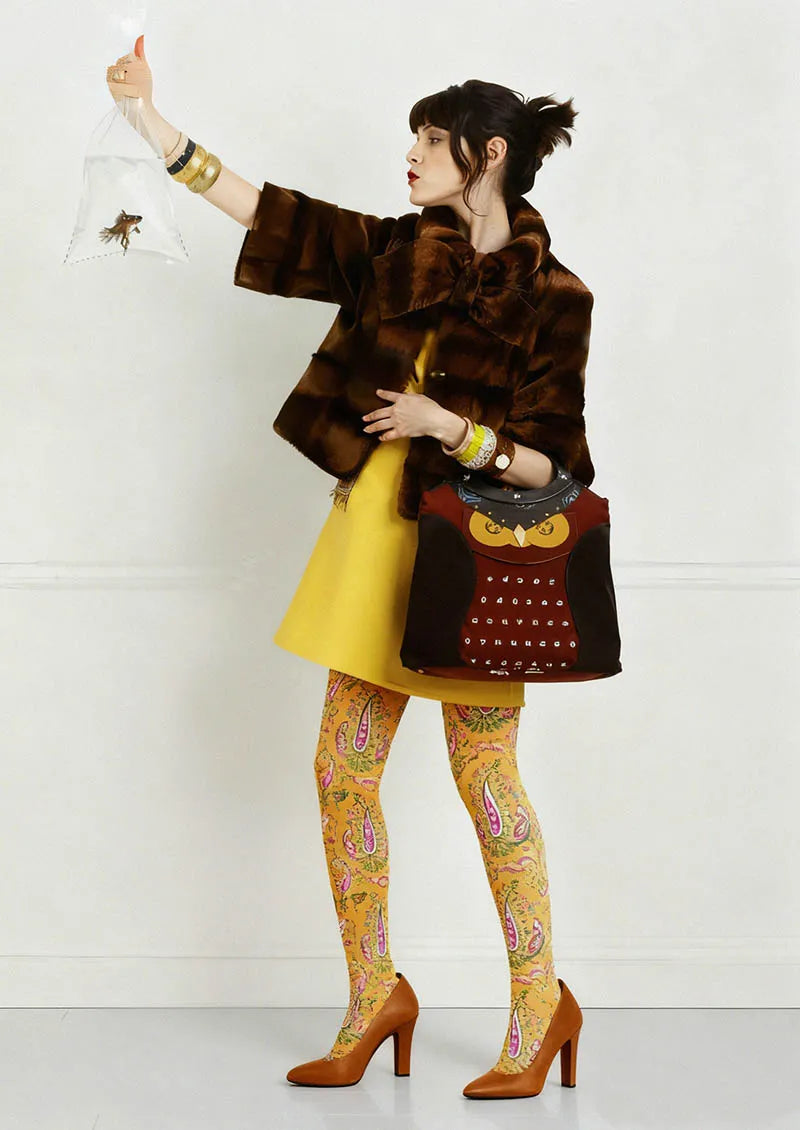 Women Warm Gold Paisley Printed Tights and Hosiery Pantyhose