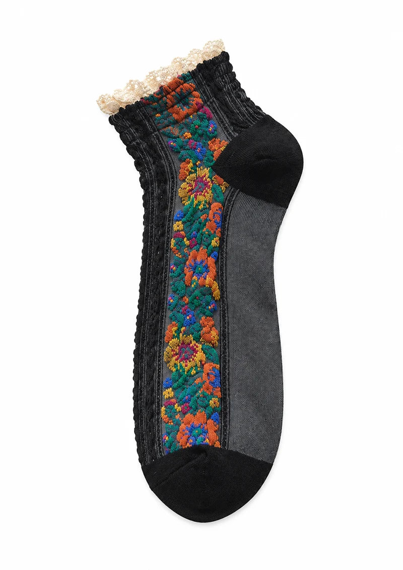 Black Vintage Floral Jacquard Sheer Mesh Socks