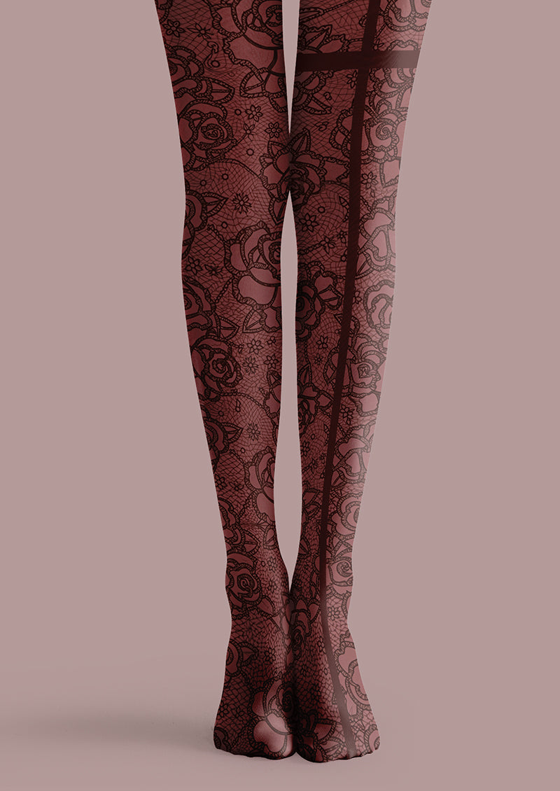 Women Red Rose Lace Back Seam Printed Tights Hosiery Pantyhose