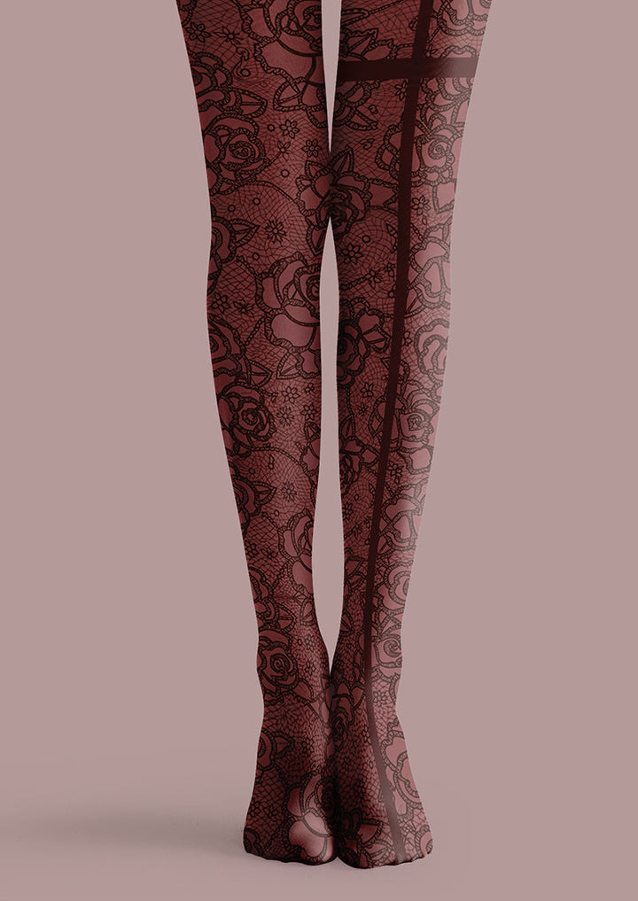 Women Red Rose Lace Back Seam Printed Tights Hosiery Pantyhose