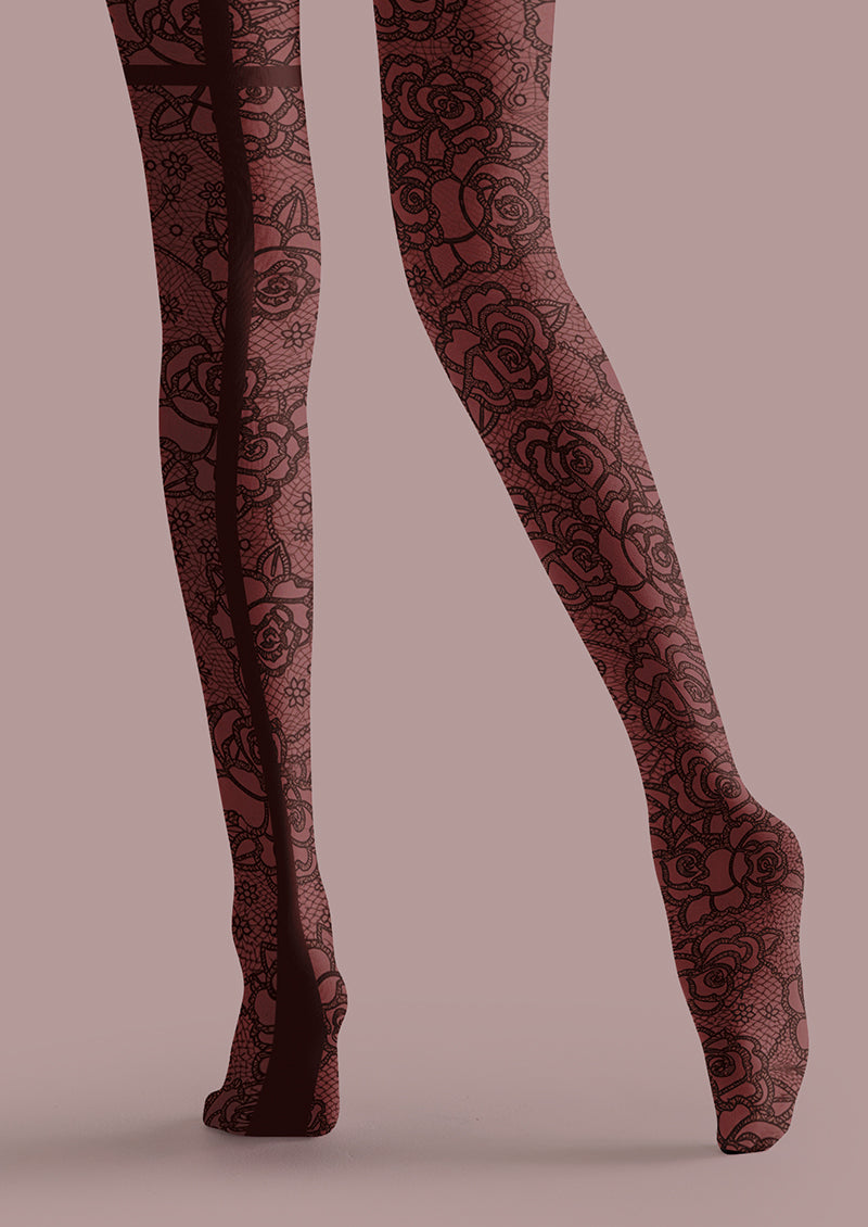 Women Red Rose Lace Back Seam Printed Tights Hosiery Pantyhose