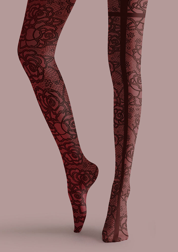 Women Red Rose Lace Back Seam Printed Tights Hosiery Pantyhose