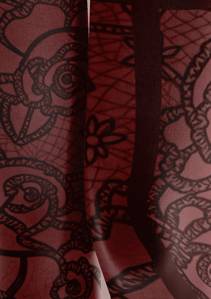 Women Red Rose Lace Back Seam Printed Tights Hosiery Pantyhose