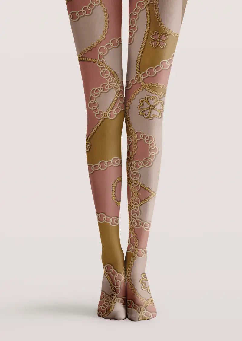 Women Pink Chain Graphic Pattern Print Tights Hosiery Pantyhose