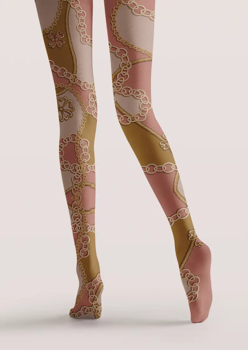 Women Pink Chain Graphic Pattern Print Tights Hosiery Pantyhose