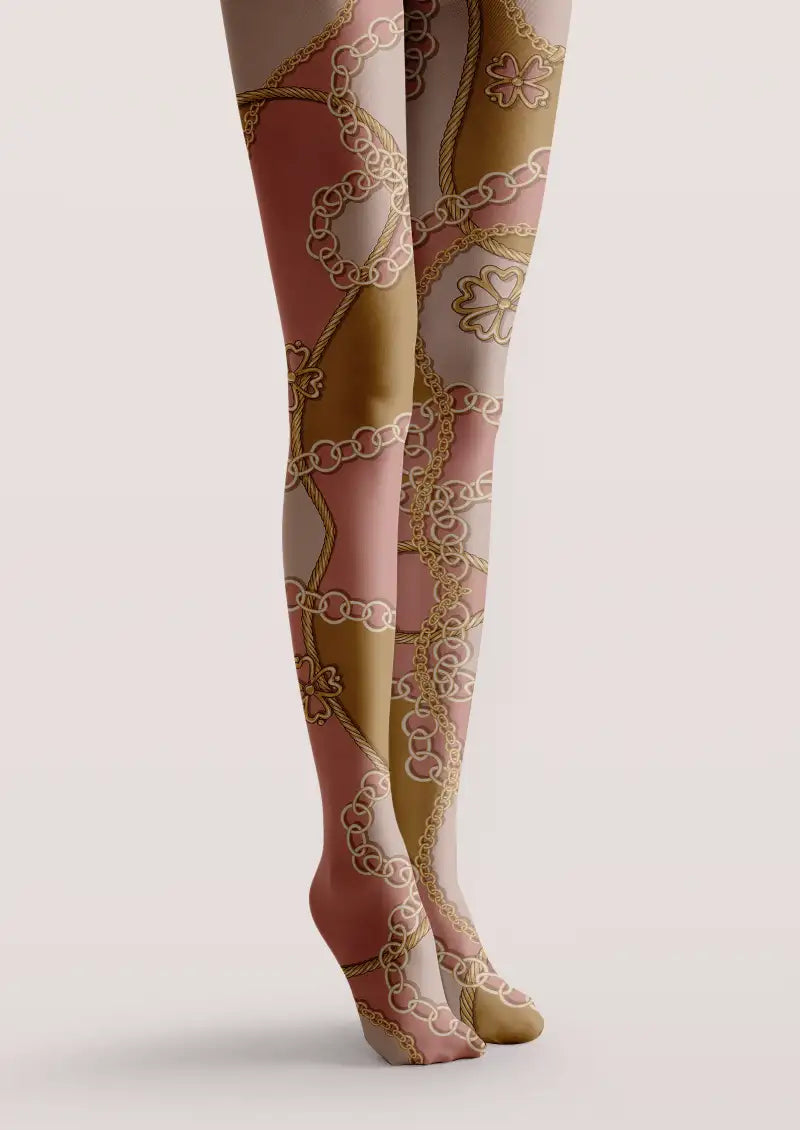 Women Pink Chain Graphic Pattern Print Tights Hosiery Pantyhose