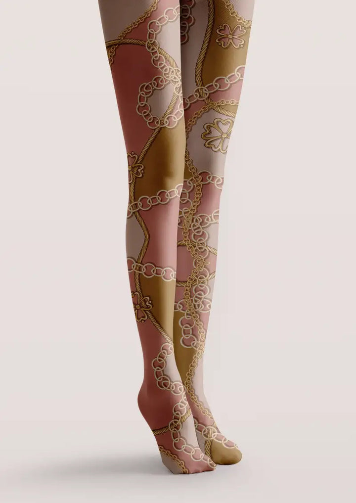 Women Pink Chain Graphic Pattern Print Tights Hosiery Pantyhose